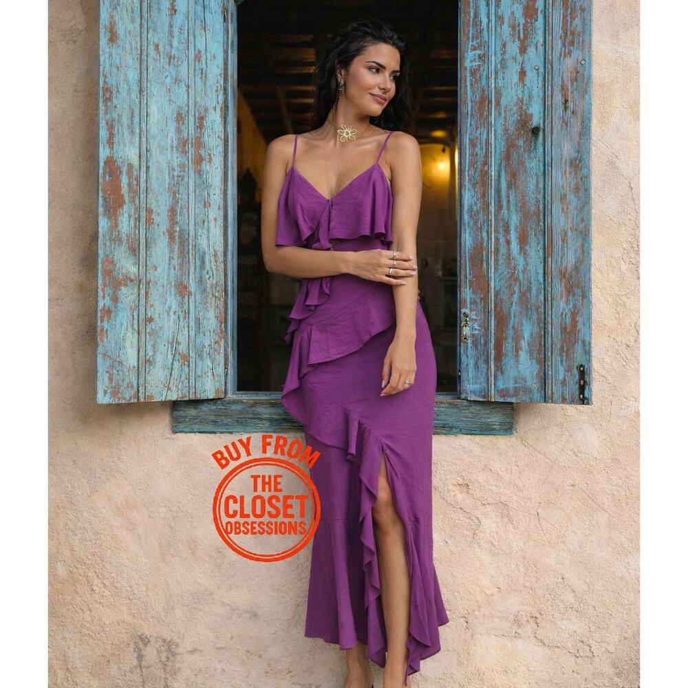ZARA Purple Linen Blend Ruffle Midi Dress NWT Wedding Guest Resort - Picture 10 of 16